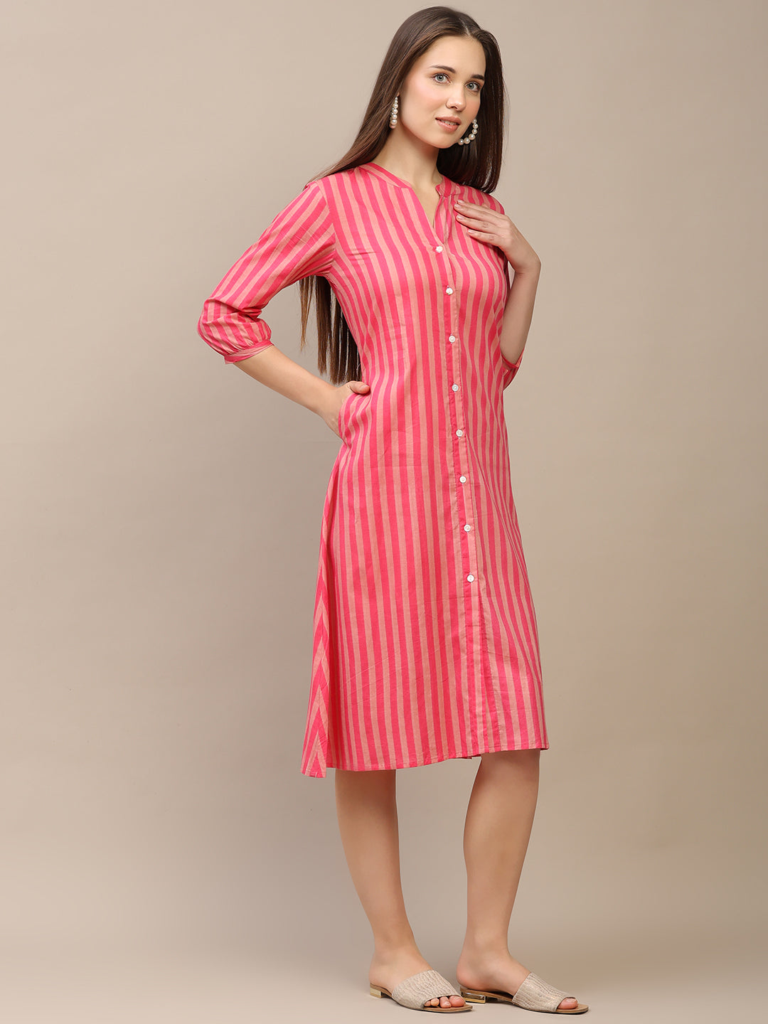 Pink Striped A-Line Cotton Dress