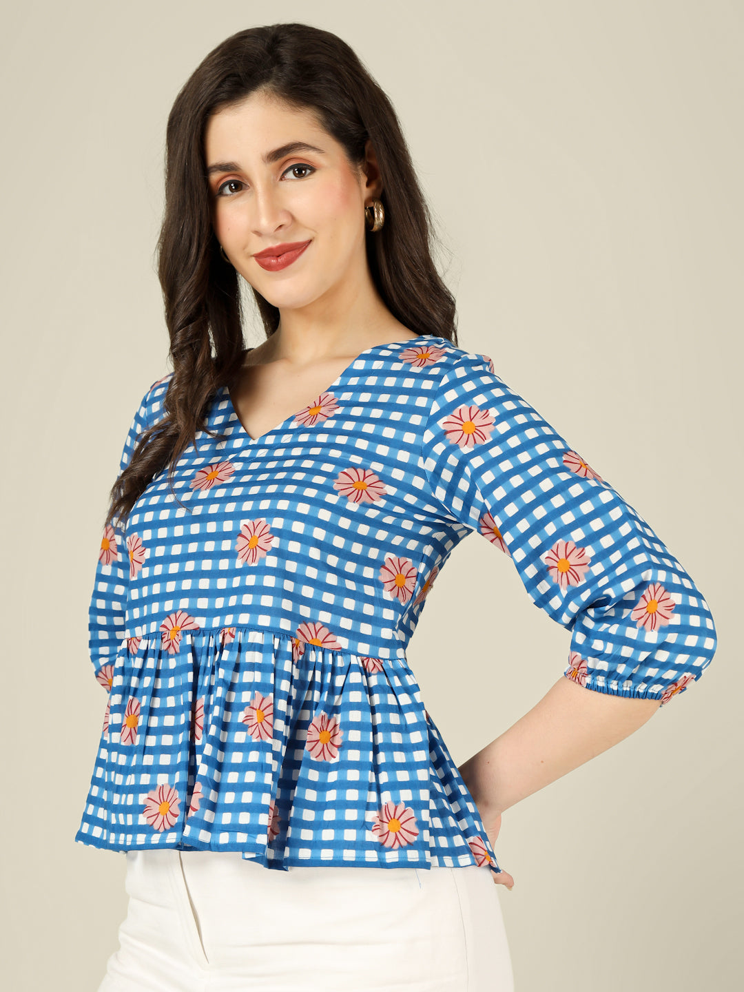 Blue Checked Cotton Peplum Top