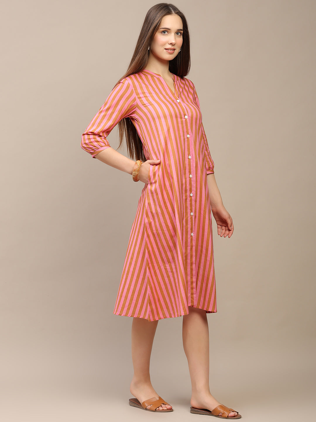 Peach Striped A-Line Cotton Dress