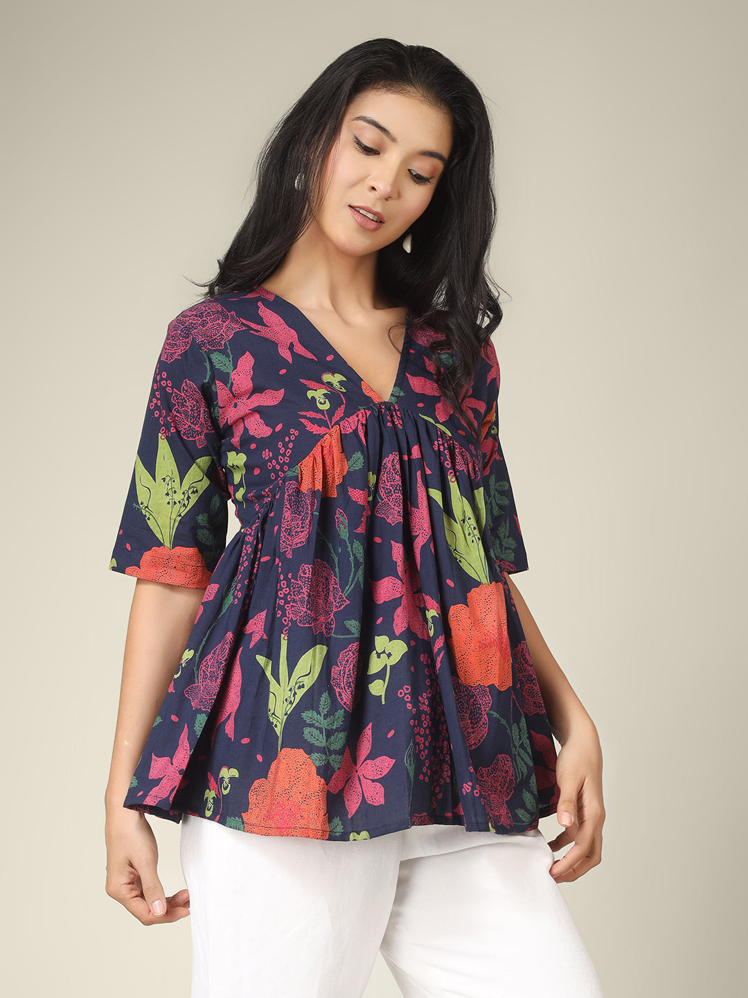 Navy Blue Printed Half-Sleeve Alia-Cut Cotton Peplum Top