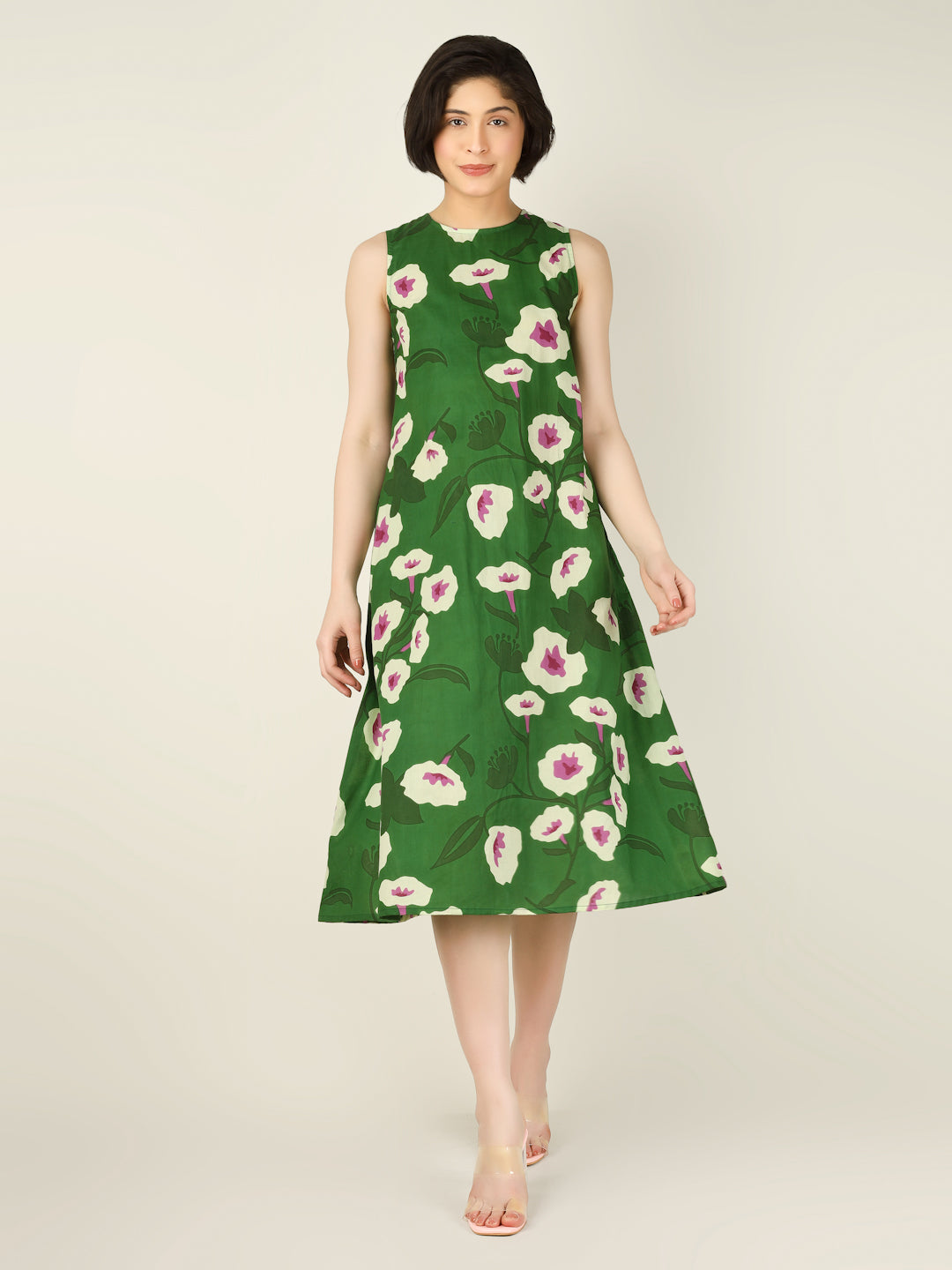 Green Printed Sleeveless A-Line Cotton Dress