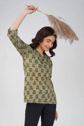 Green Printed V-Neck Cotton Top