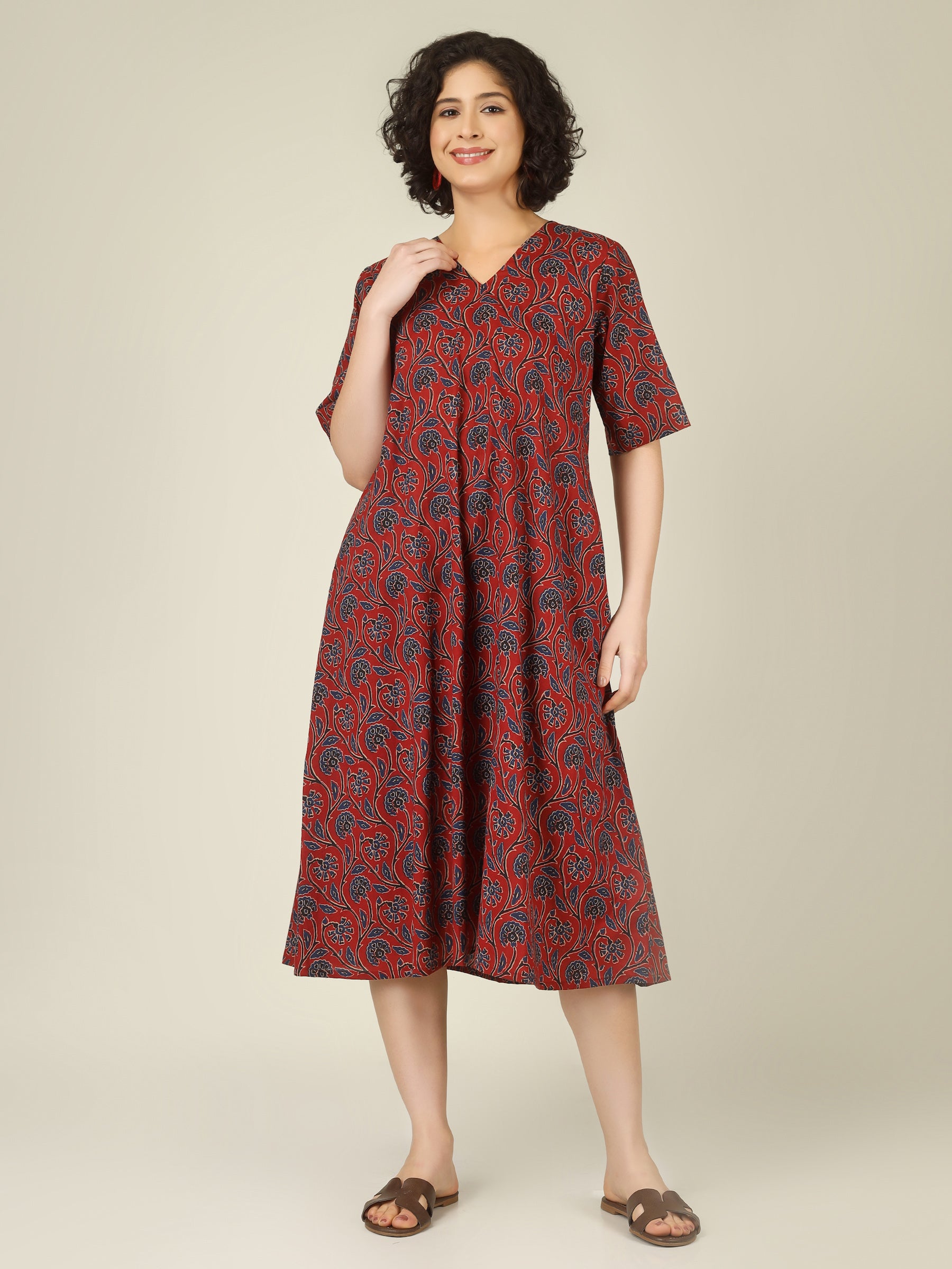 Maroon Printed Half-Sleeve A-Line Cotton Dress