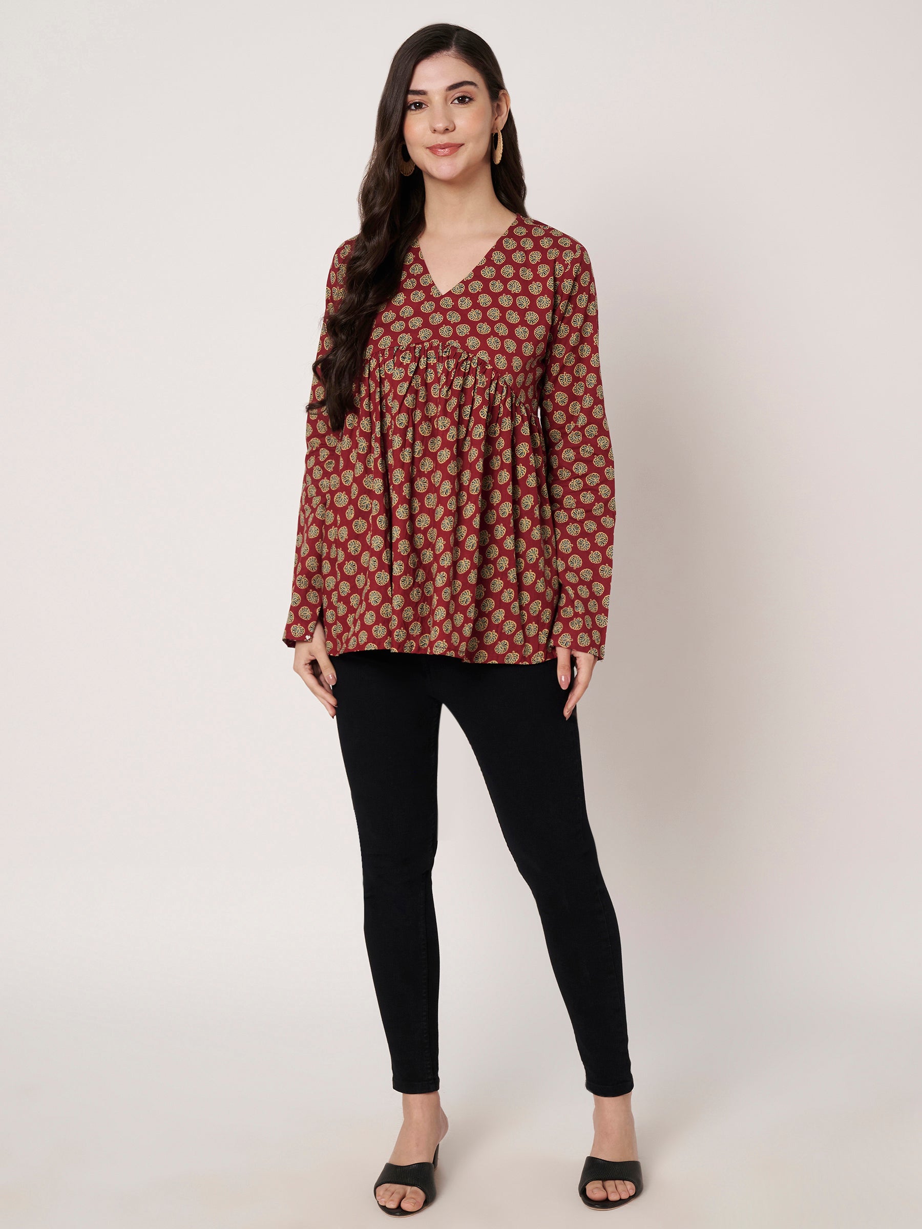 Maroon Printed Alia-Cut Cotton Top