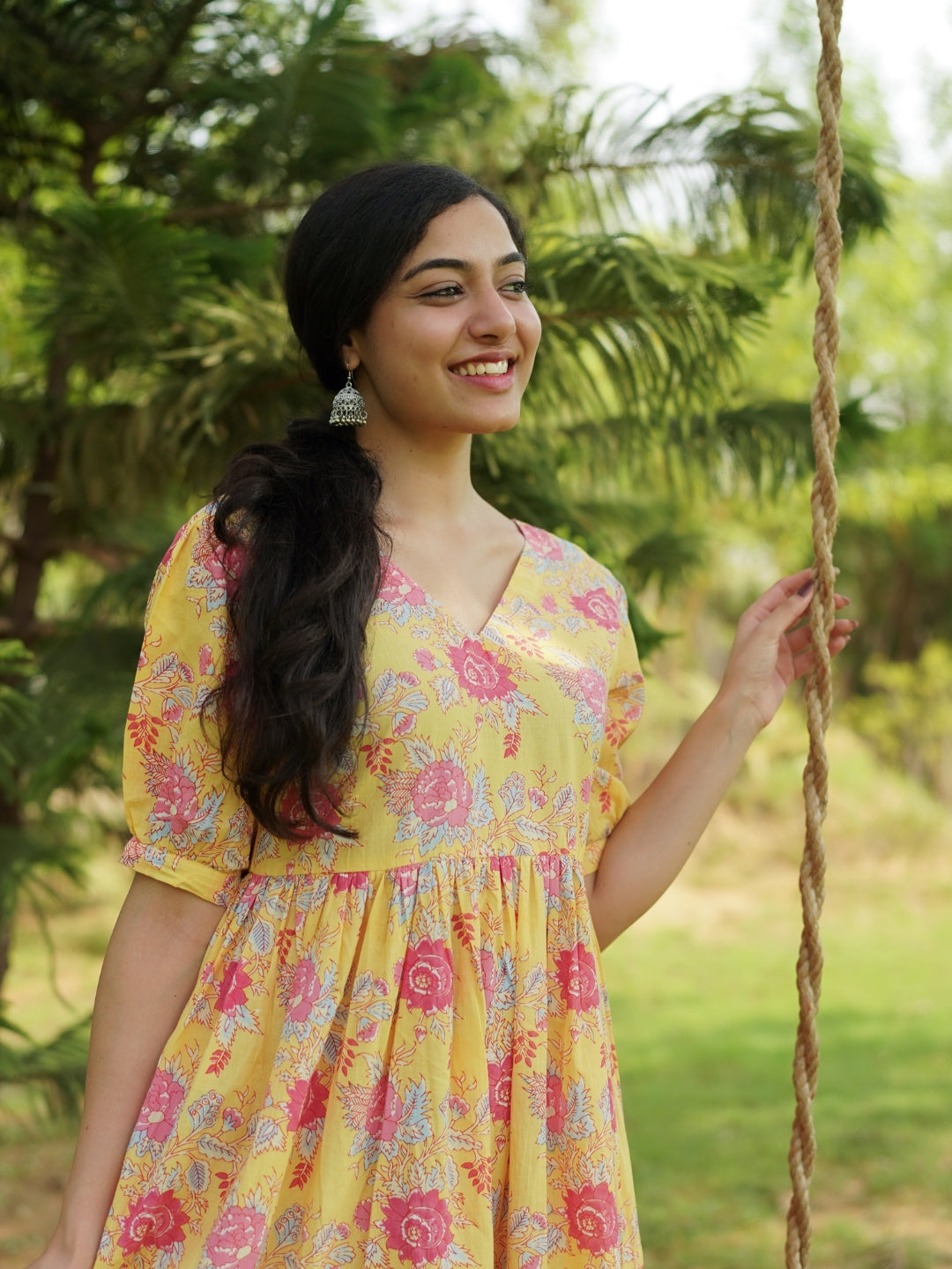 Yellow Printed Long Cotton Dress