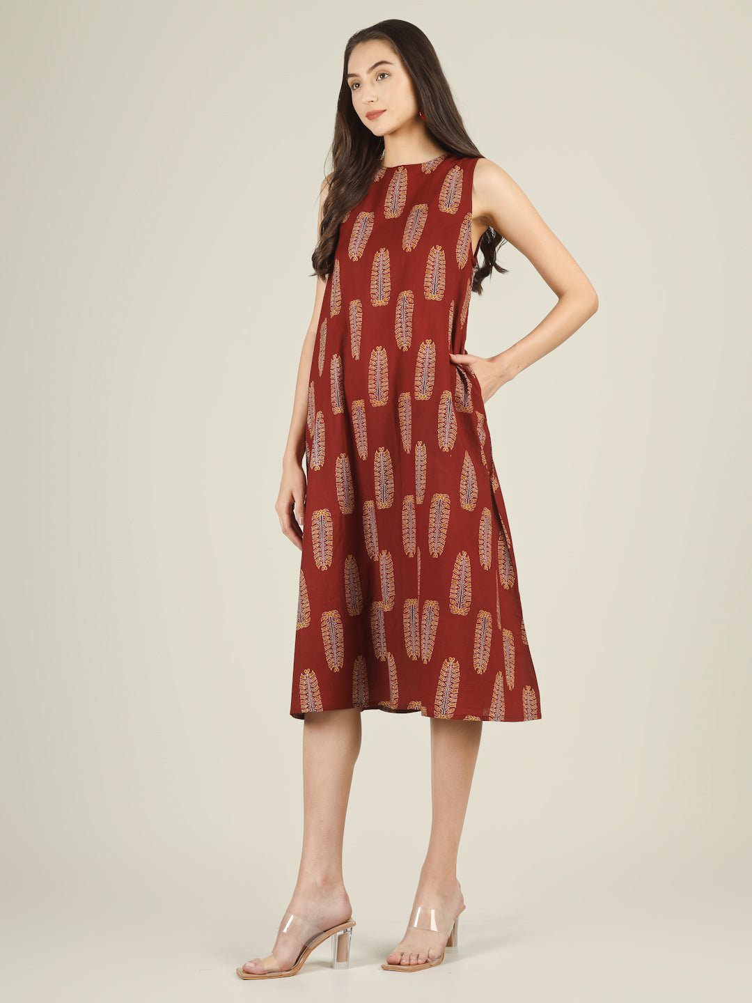 Maroon Printed Sleeveless A-Line Cotton Dress