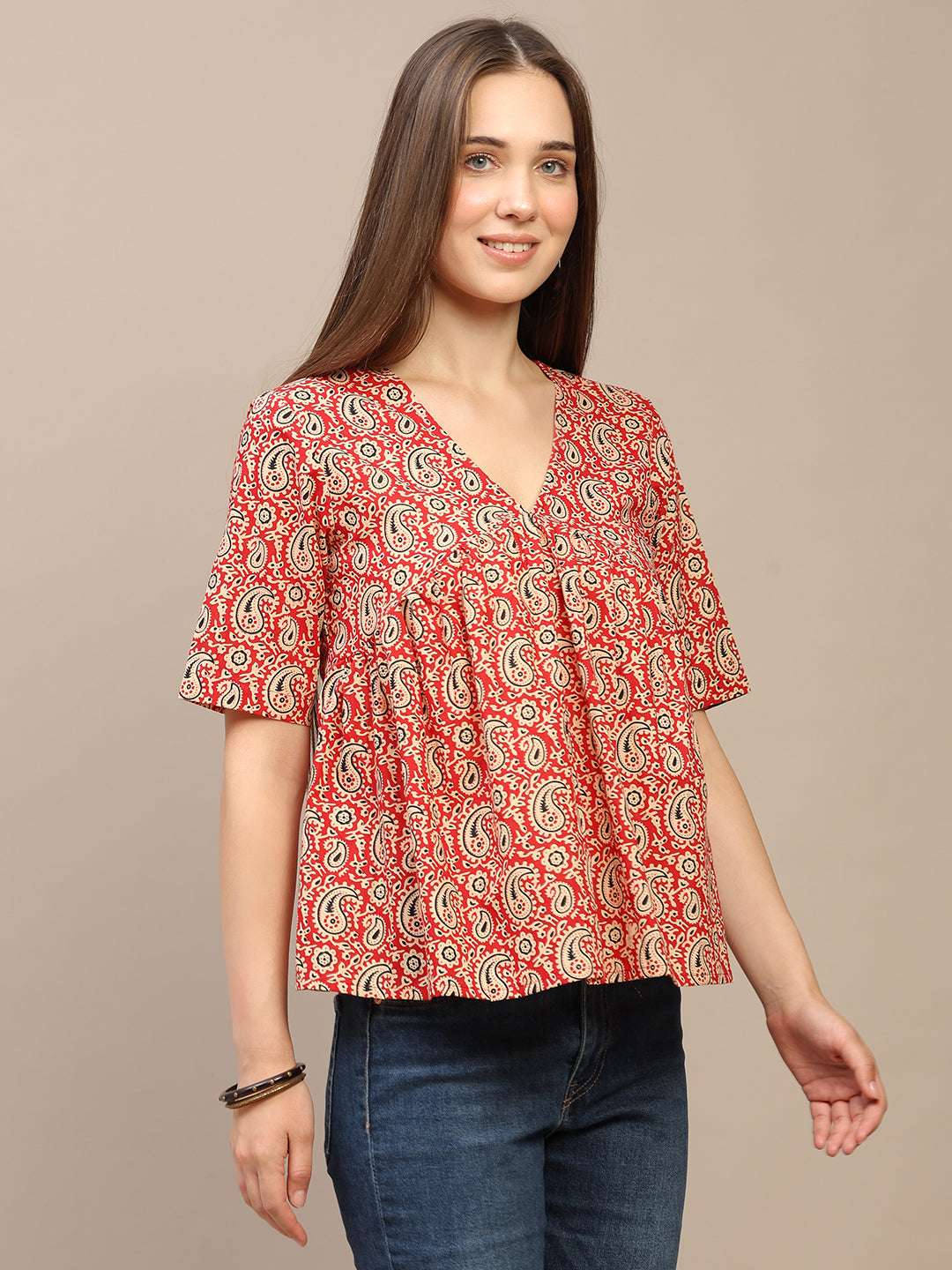 Red Printed Half-Sleeve Peplum Top