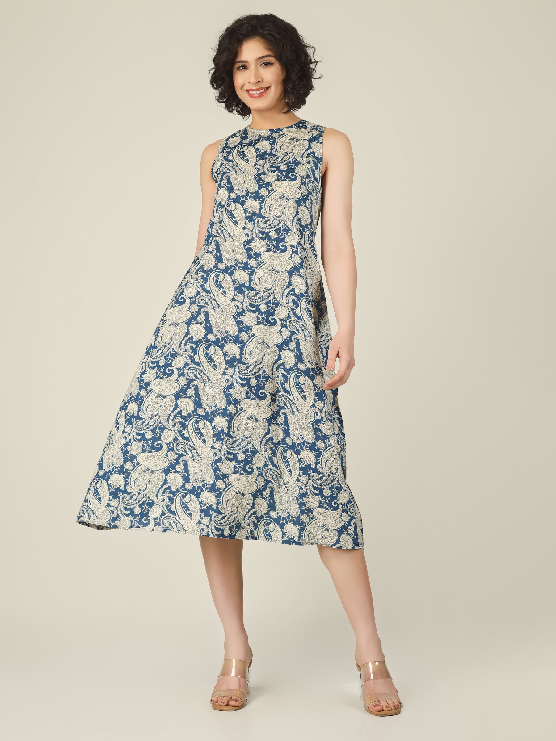Blue Printed Sleeveless A-Line Cotton Dress