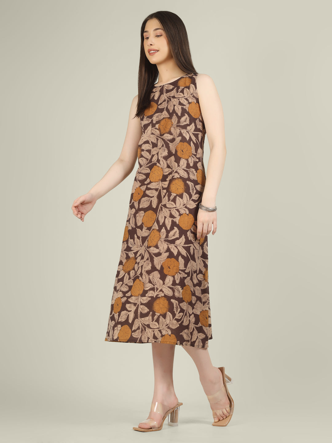 Brown Printed Sleeveless A-Line Cotton Dress