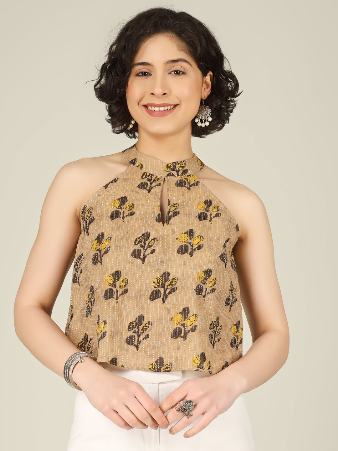 Beige Printed Halter Neck Sleeveless Cotton Top