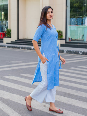 Handloom Cotton Blue Angrakha Kurta Set