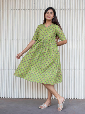 Green Printed Flared Cotton Dress