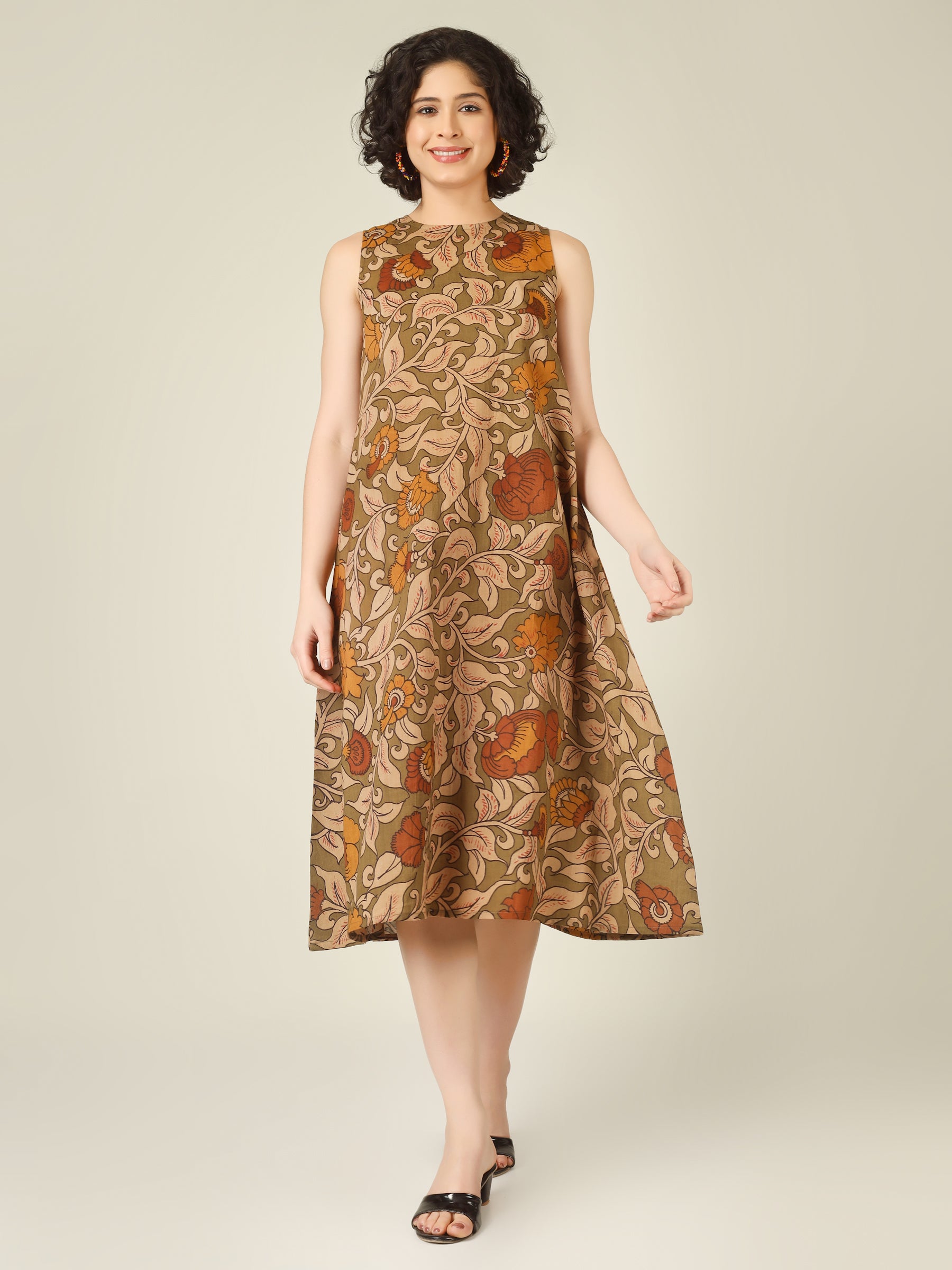 Olive Printed Sleeveless A-Line Cotton Dress