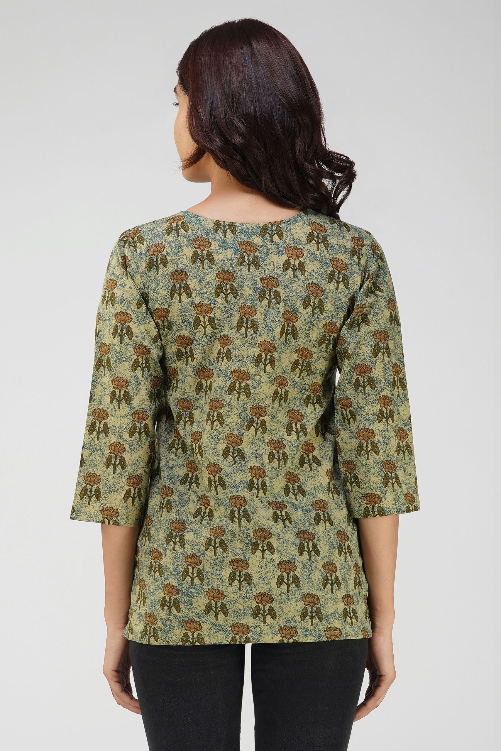 Green Printed V-Neck Cotton Top