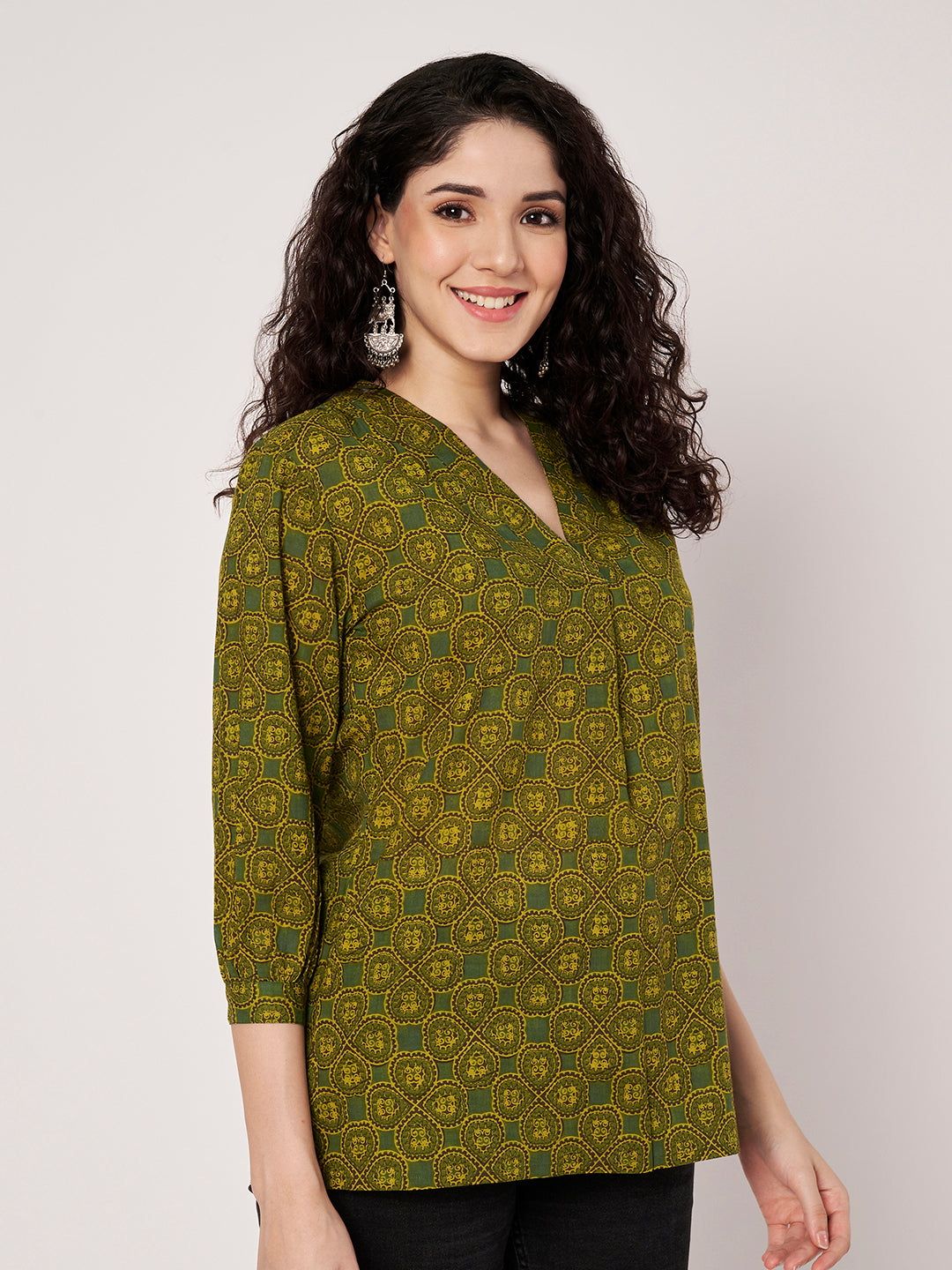 Green Printed V-Neck Cotton Top