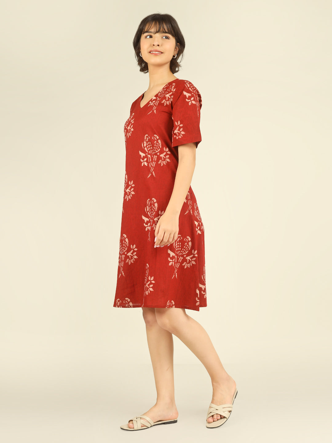 Red Printed Half-Sleeve A-Line Short Cotton Dress