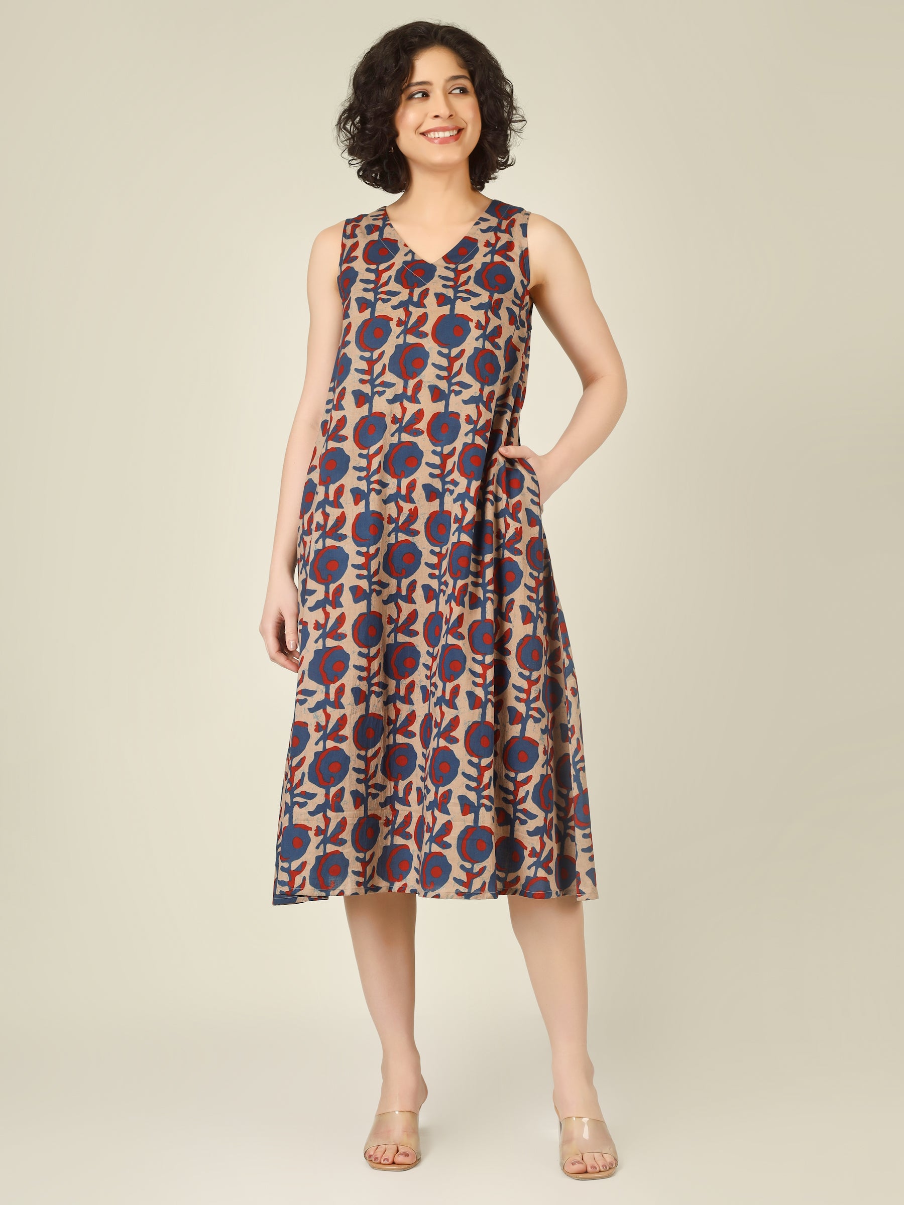Beige Printed V-Neck Sleeveless A-Line Cotton Dress