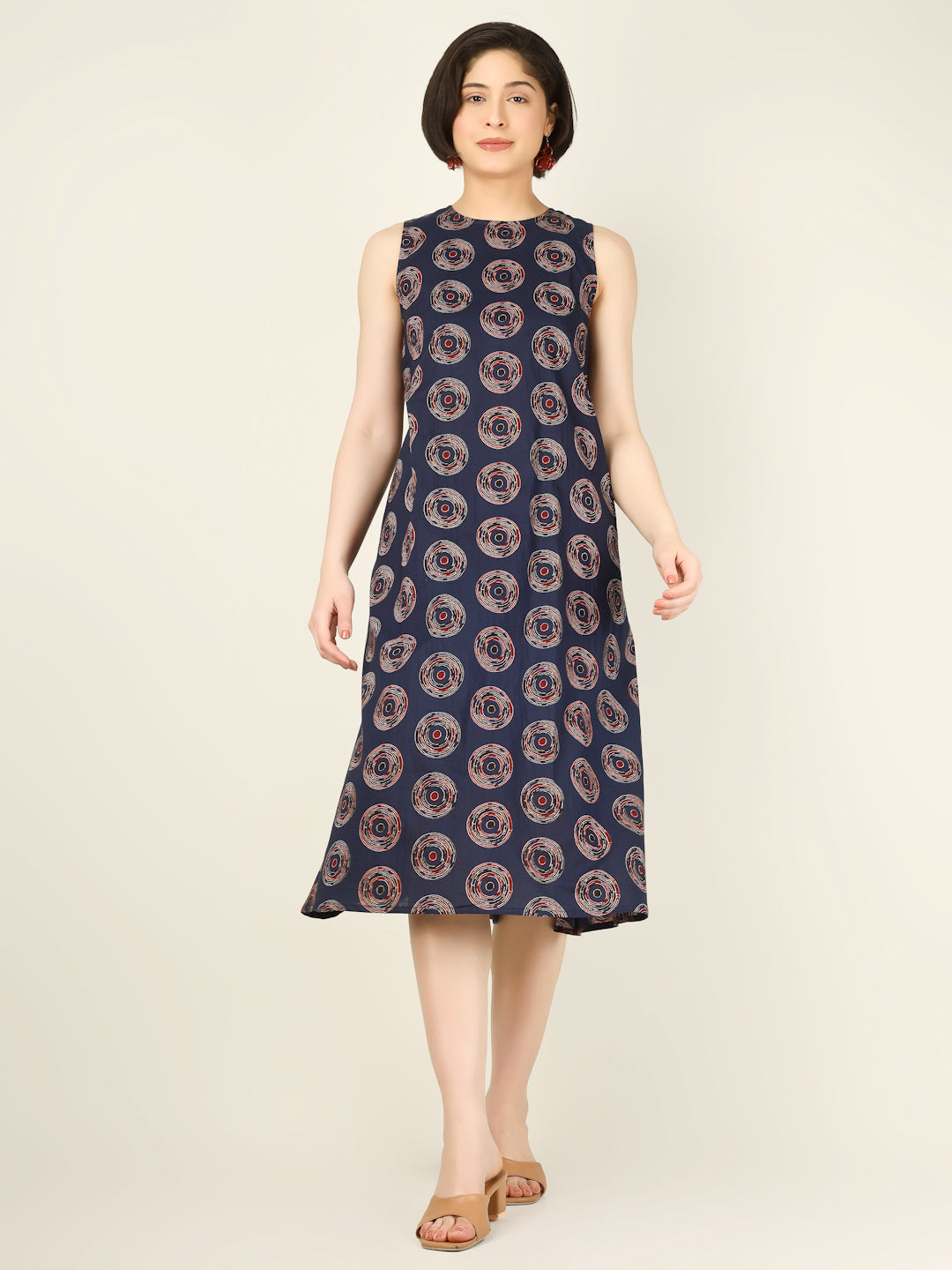 Navy Blue Printed Sleeveless A-Line Cotton Dress