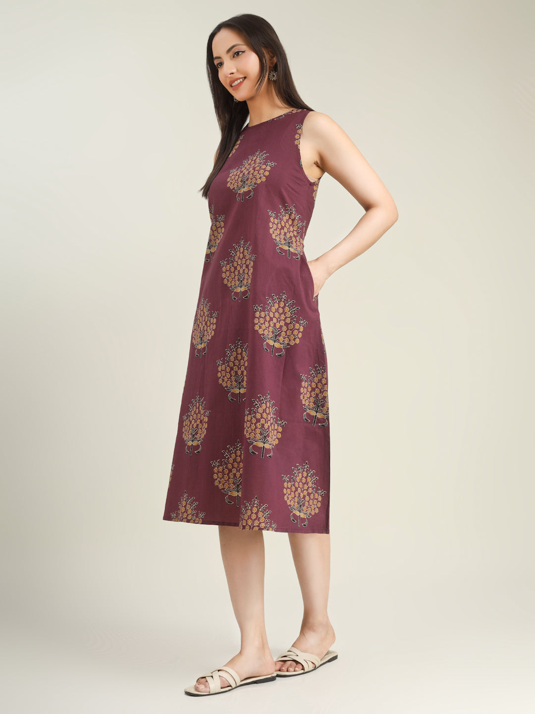 Purple Printed Sleeveless A-Line Cotton Dress