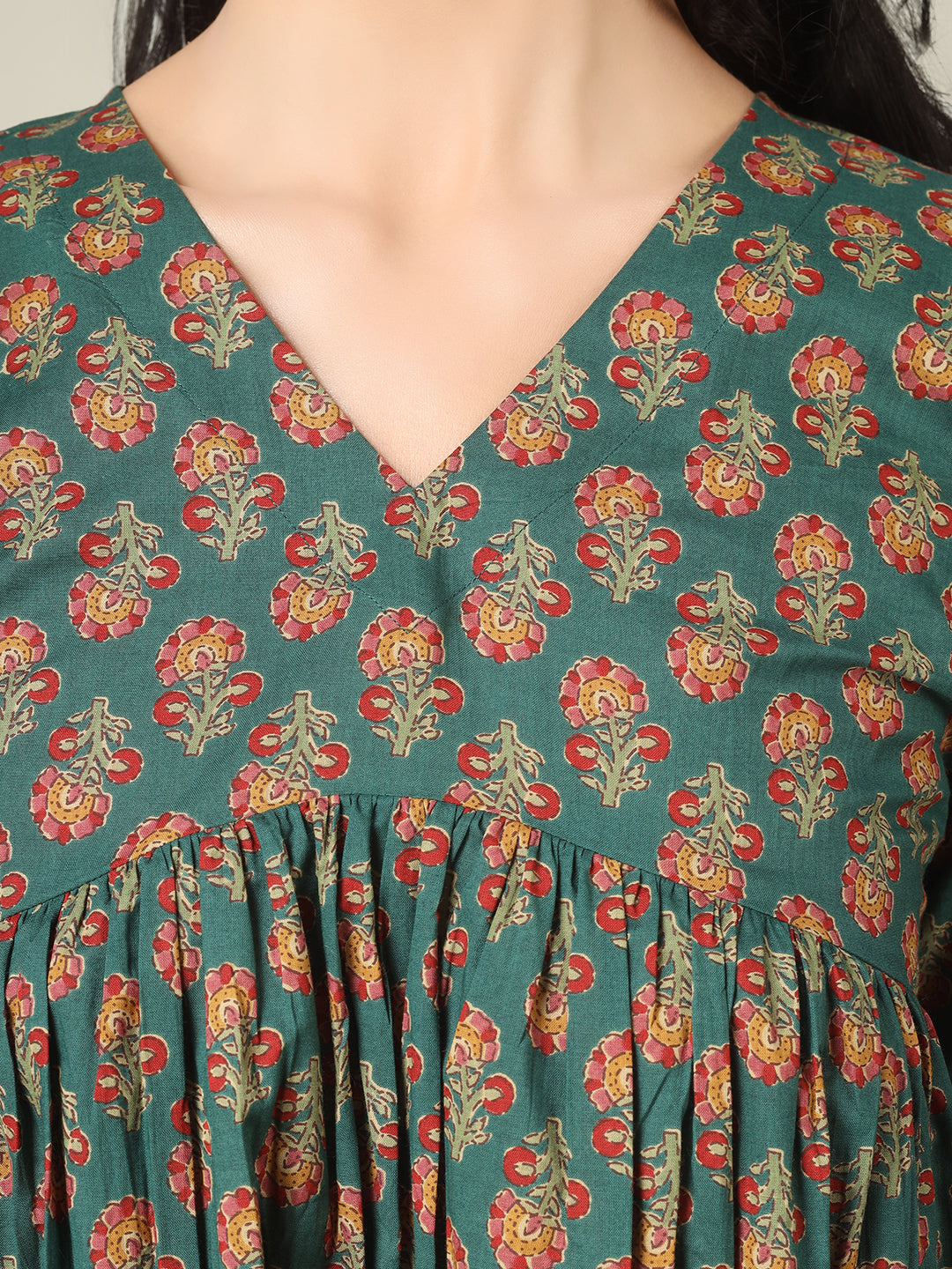 Green Printed Alia-Cut Cotton Peplum Top