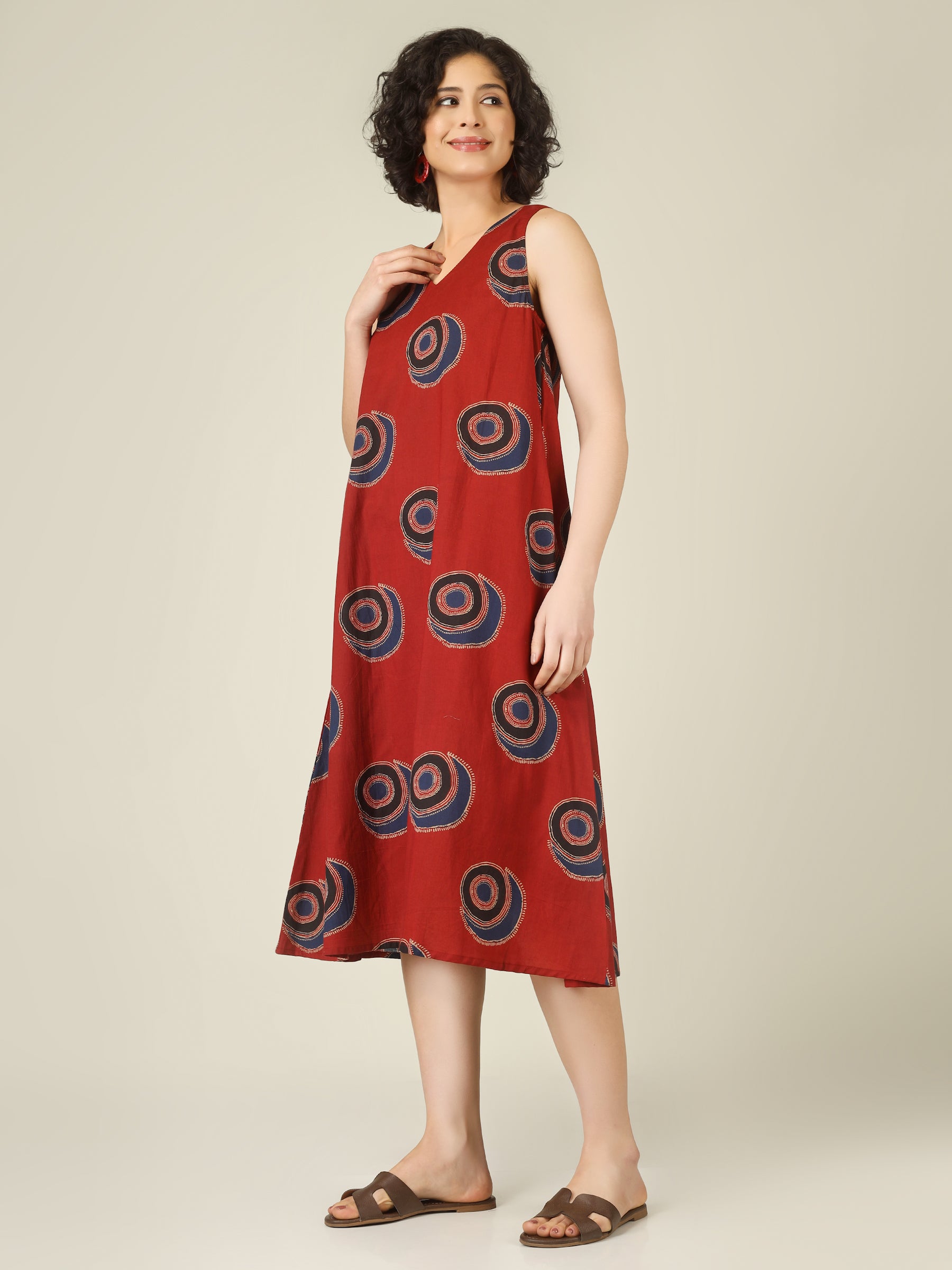 Maroon Printed V-Neck Sleeveless A-Line Cotton Dress