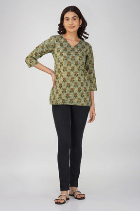 Green Printed V-Neck Cotton Top