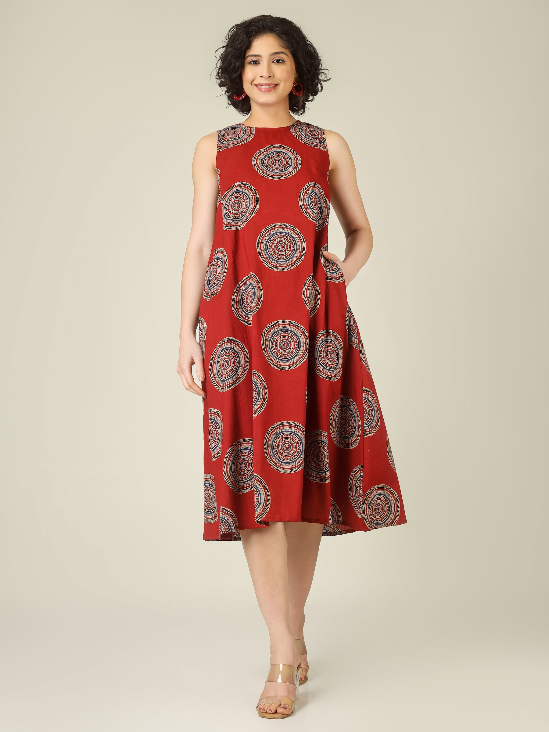 Maroon Printed Sleeveless A-Line Cotton Dress