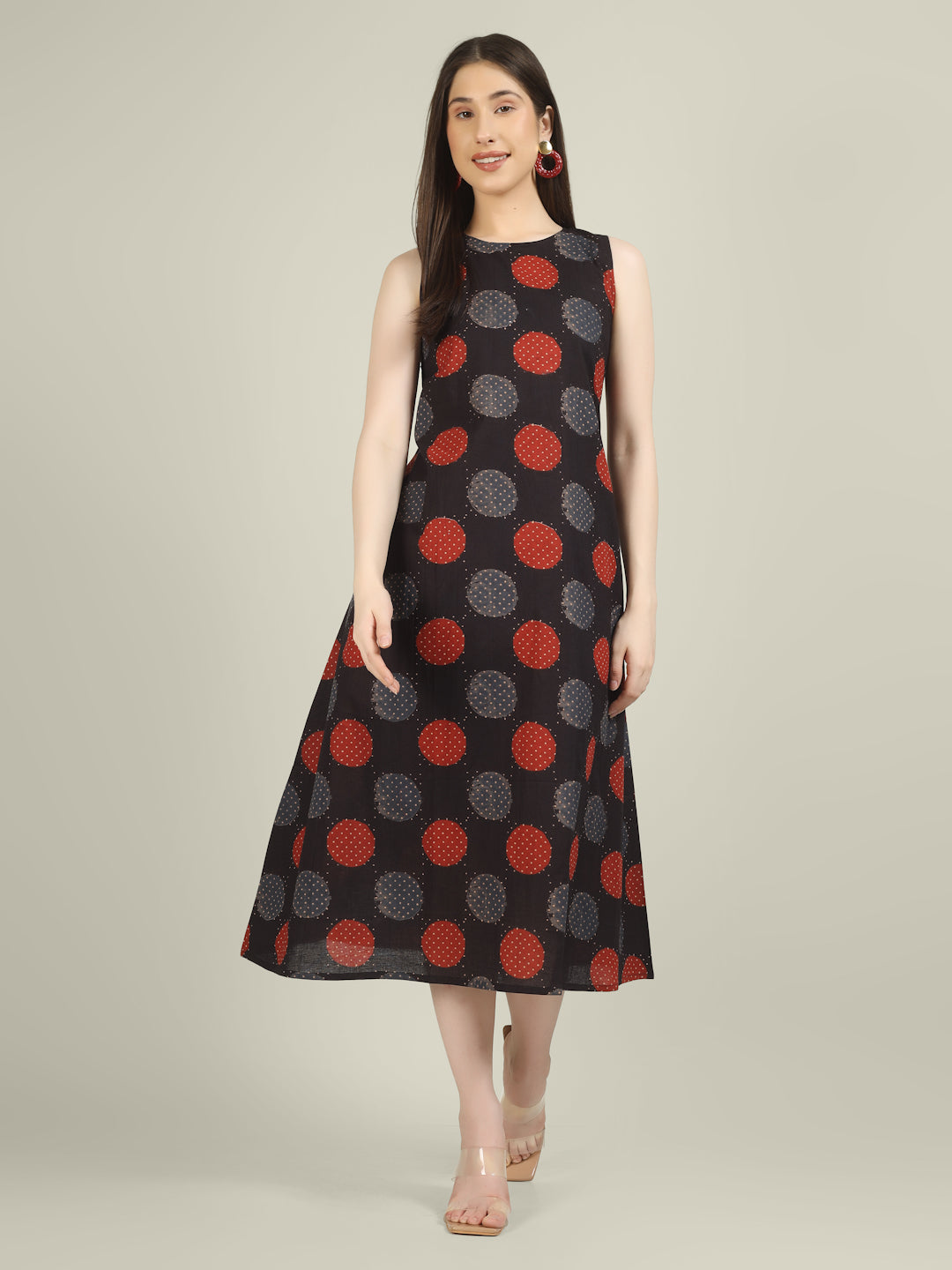 Black Printed Sleeveless A-Line Cotton Dress