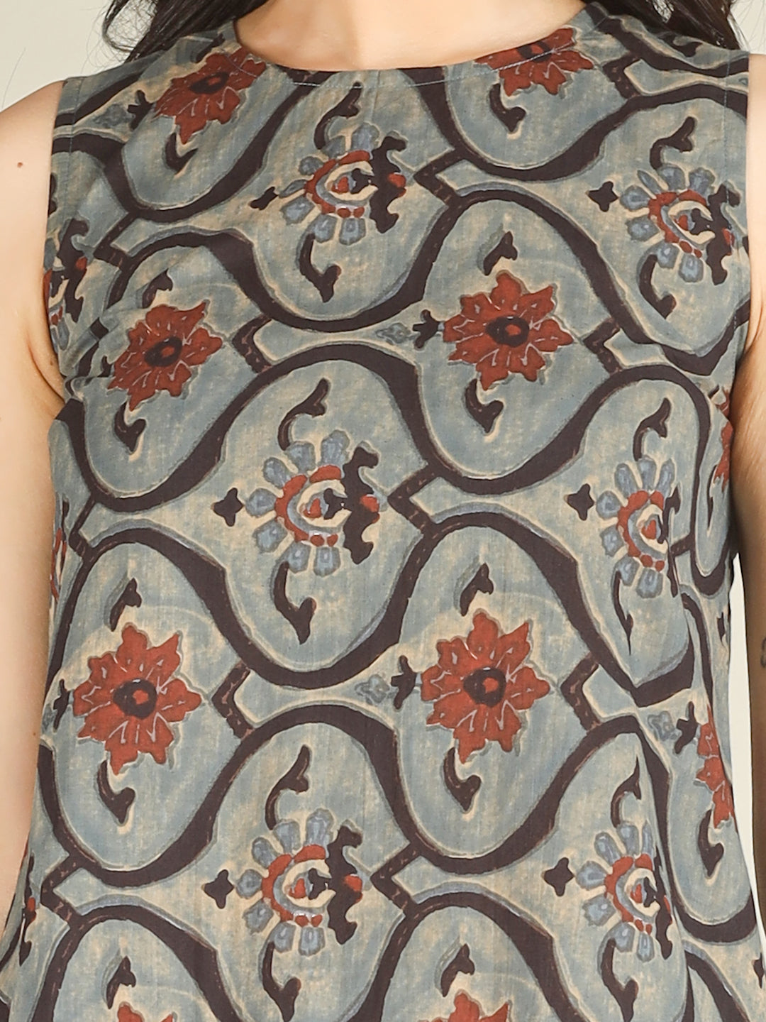 Dusty Blue Printed Sleeveless A-Line Cotton Dress