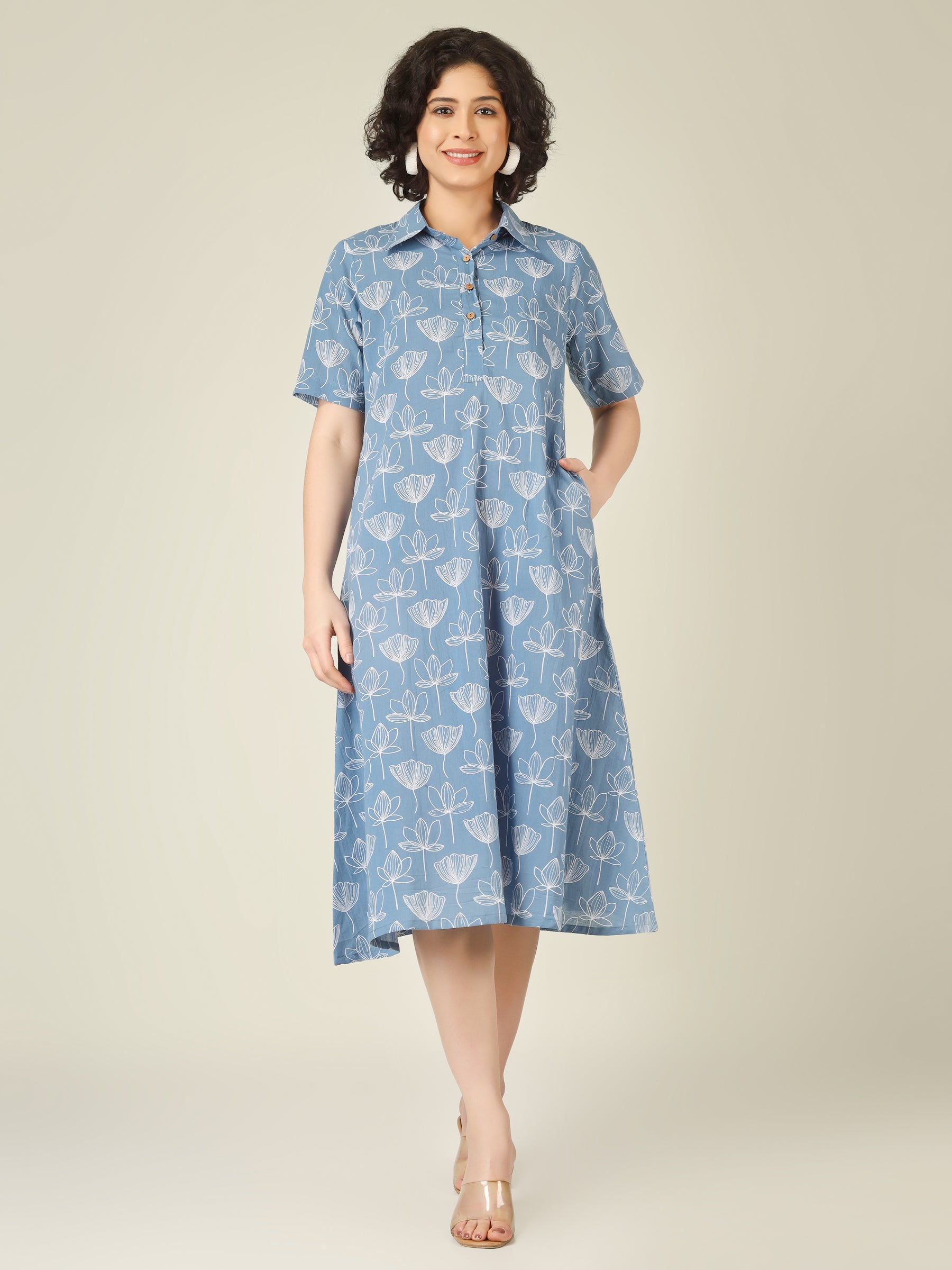 Sky Blue Printed A-Line Cotton Shirt Dress