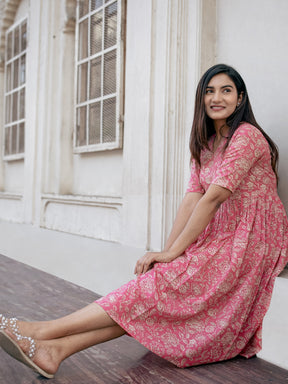 Pink Printed Flared Cotton Dress