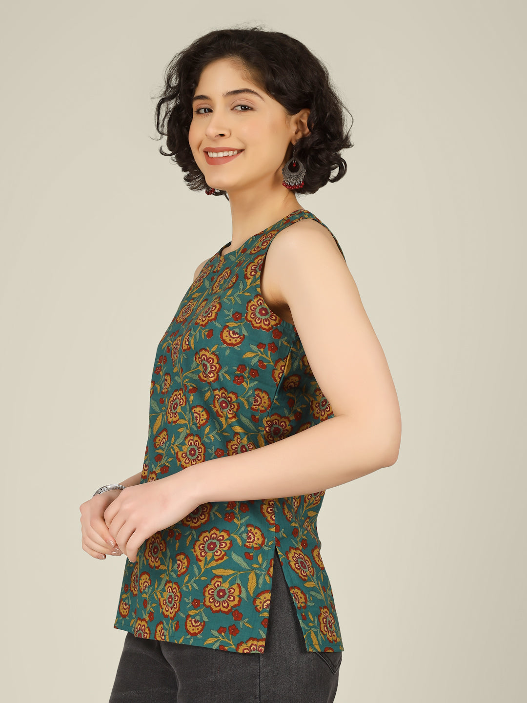 Green Printed Round Neck Sleeveless Cotton Top