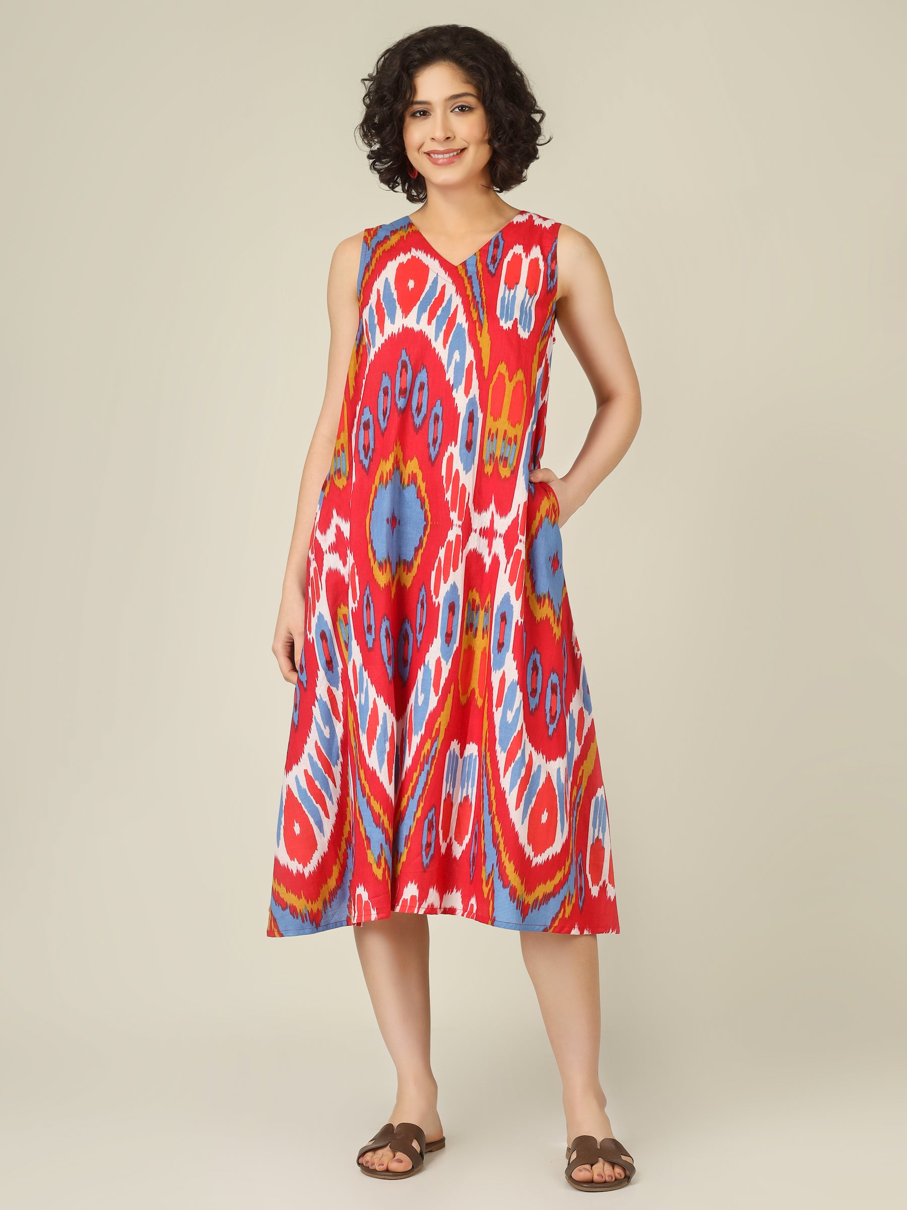Red Printed V-Neck Sleeveless A-Line Cotton Dress