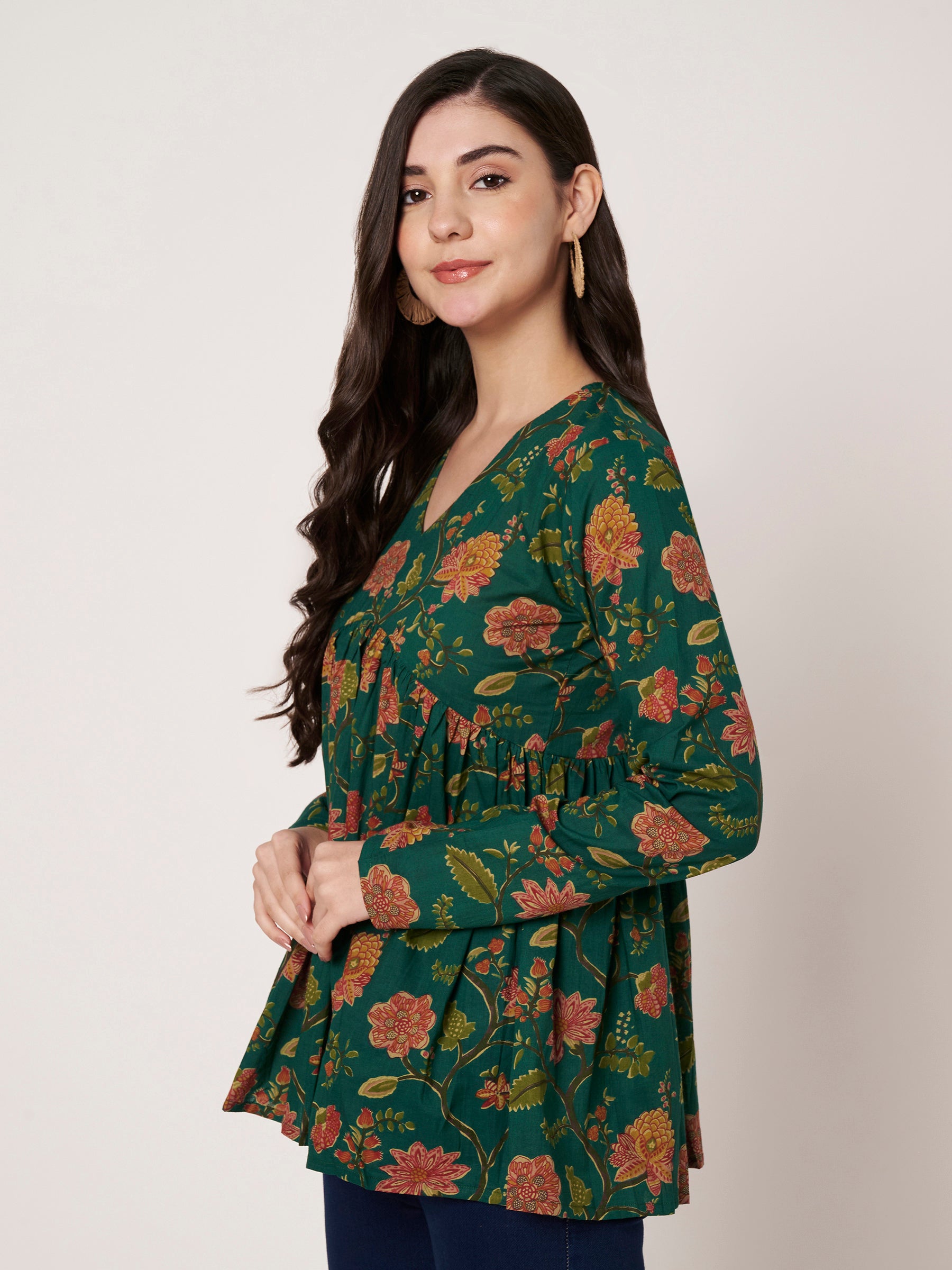 Green Printed Alia-Cut Cotton Top