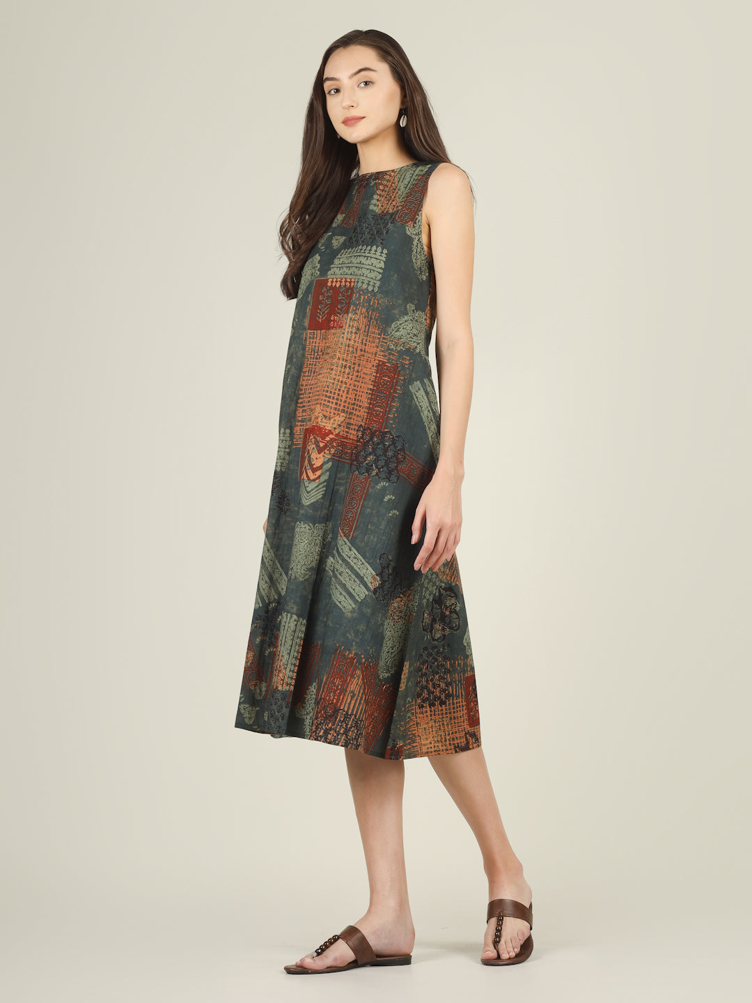 Green Printed Sleeveless A-Line Cotton Dress