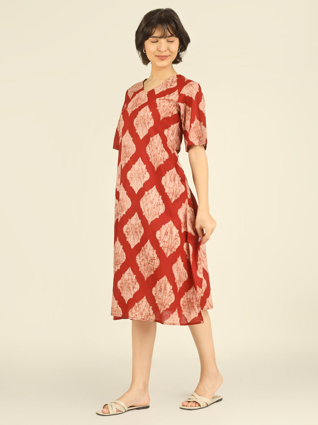 Red Printed Half-Sleeve A-Line Cotton Dress