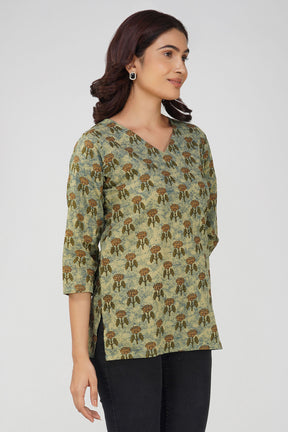 Green Printed V-Neck Cotton Top