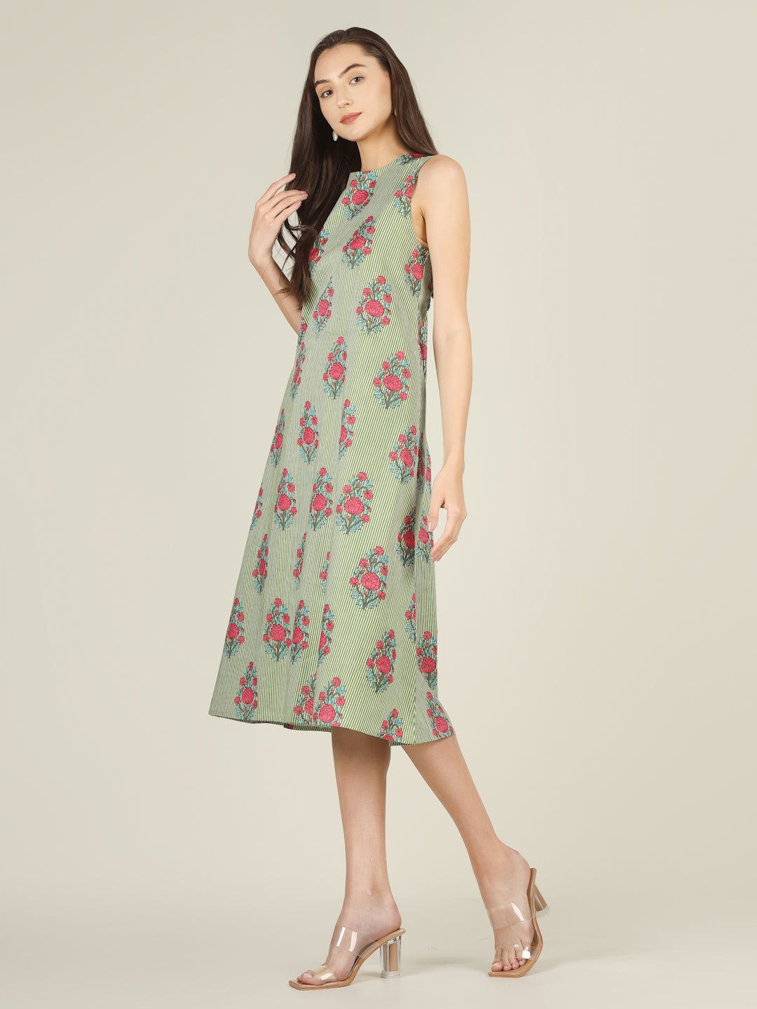Green Striped Sleeveless A-Line Cotton Dress