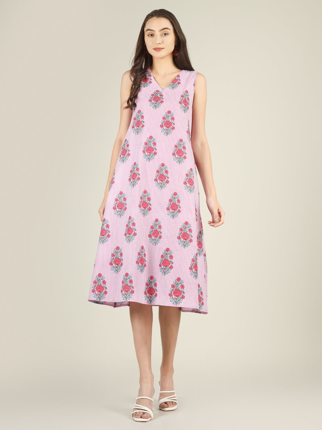 Baby Pink Striped V-Neck Sleeveless A-Line Cotton Dress
