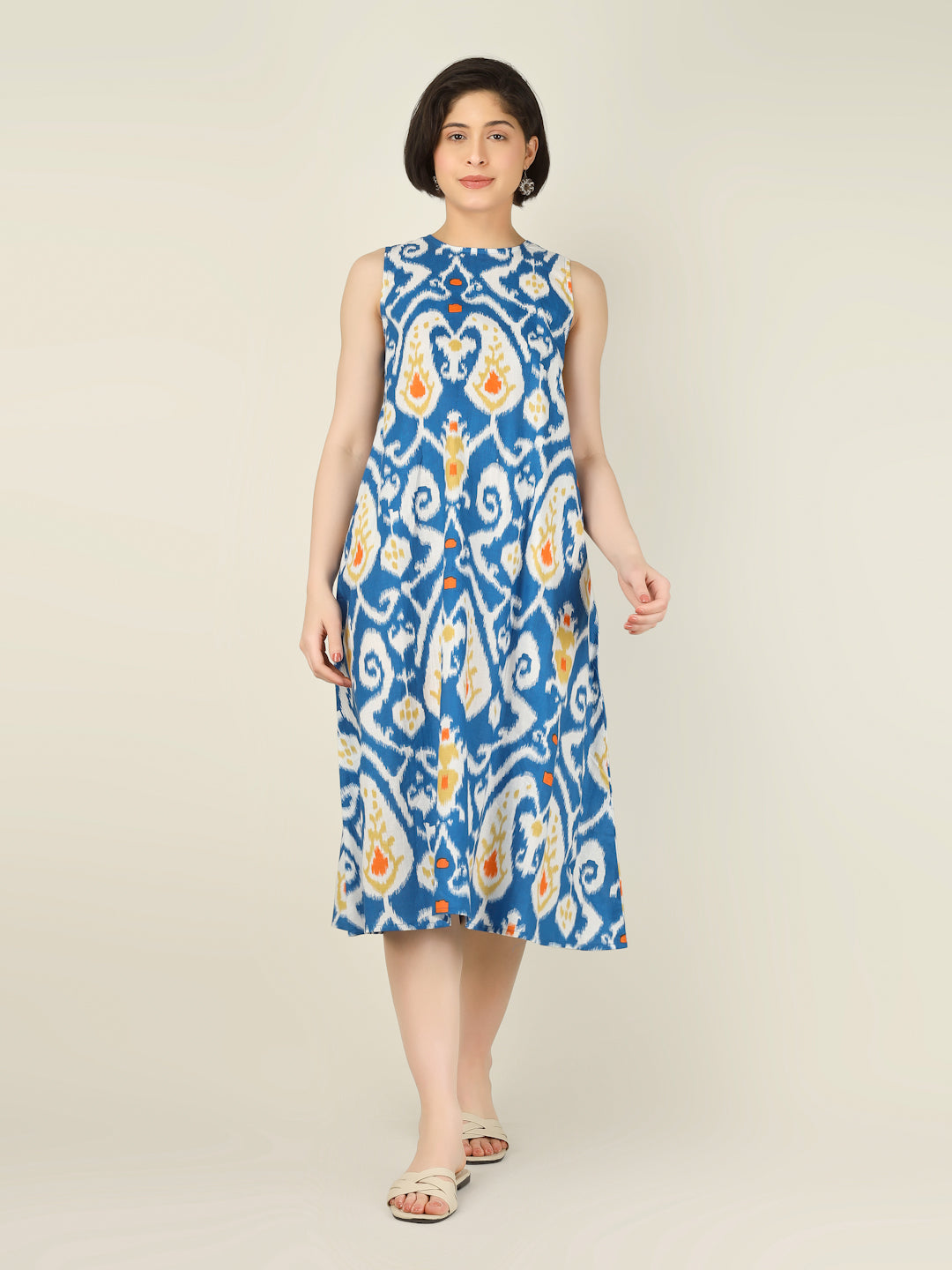Blue Printed Sleeveless A-Line Cotton Dress
