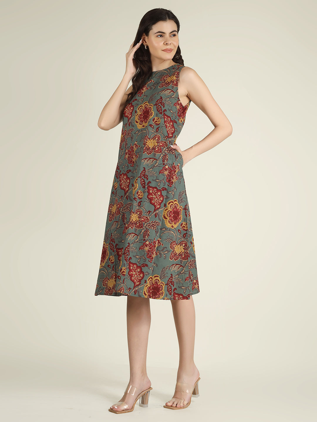 Green Printed Sleeveless A-Line Cotton Dress