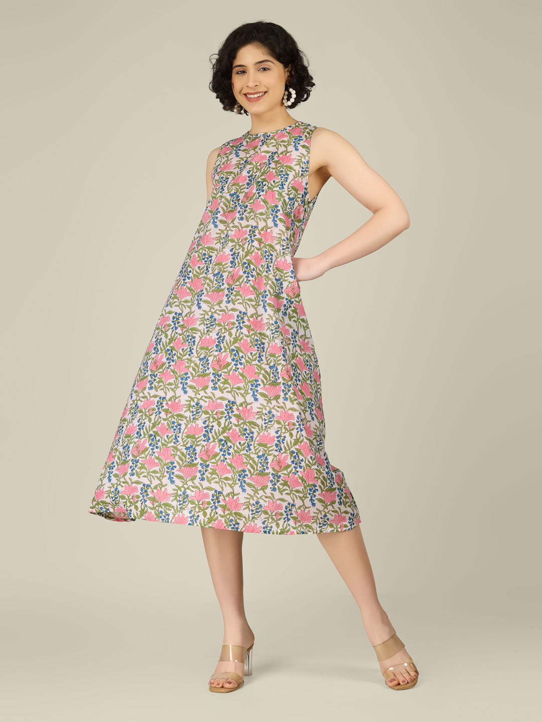 White Printed Sleeveless A-Line Cotton Dress