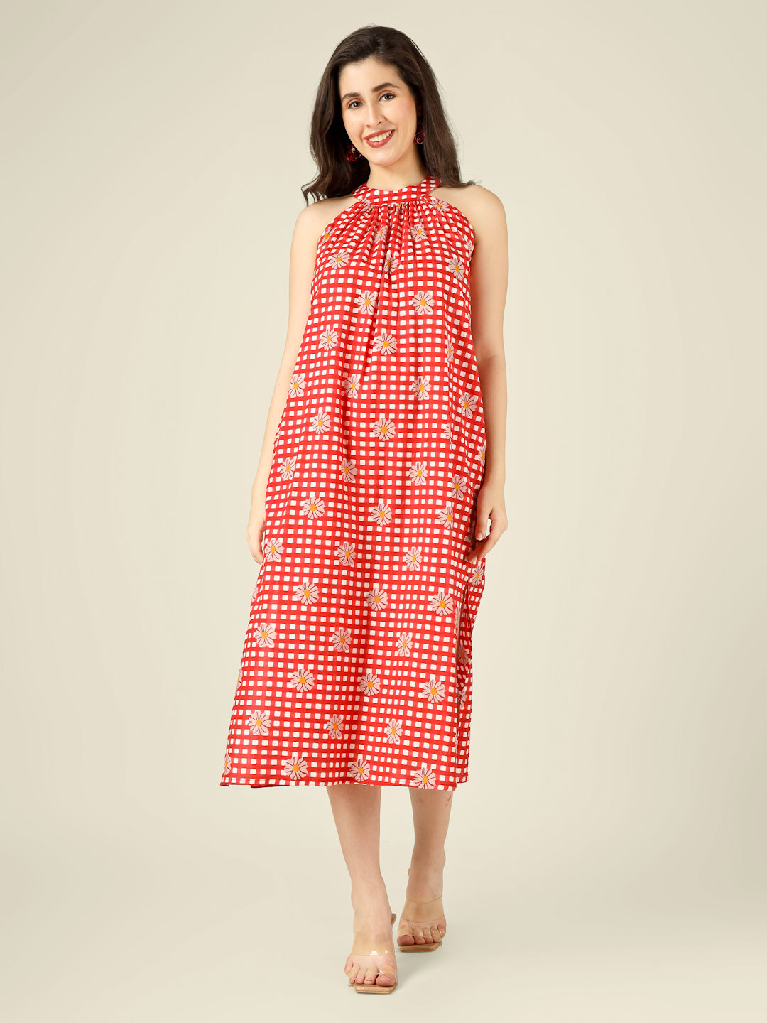 Red Checked Halter Neck Long Sleeveless Cotton Dress