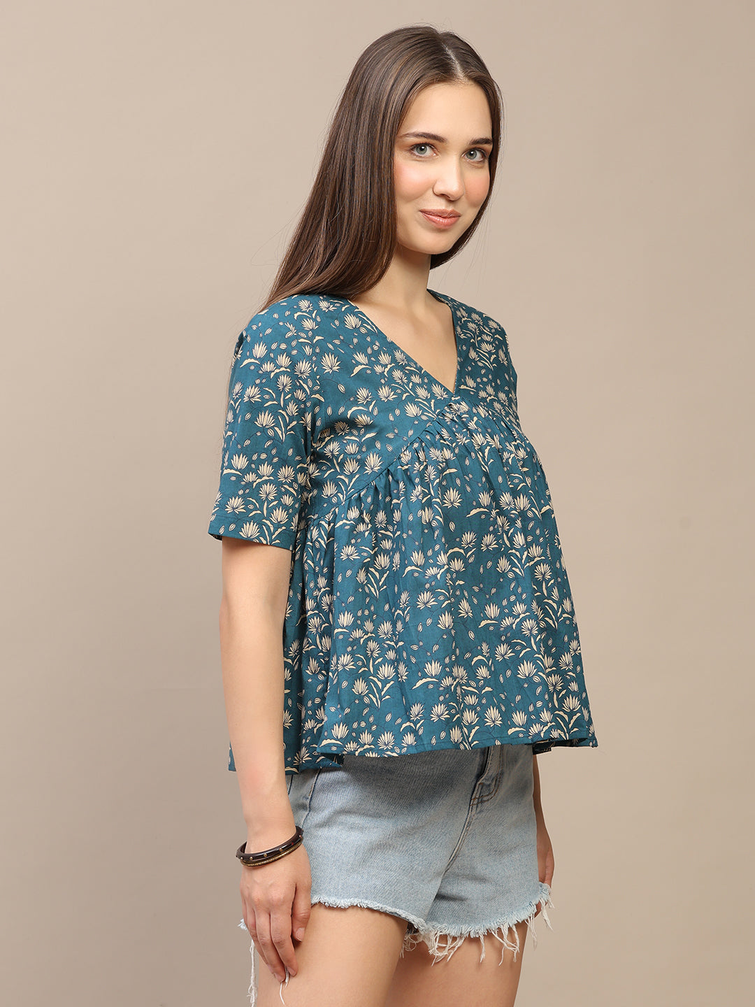 Teal Blue Printed Half-Sleeve Alia-Cut Cotton Top