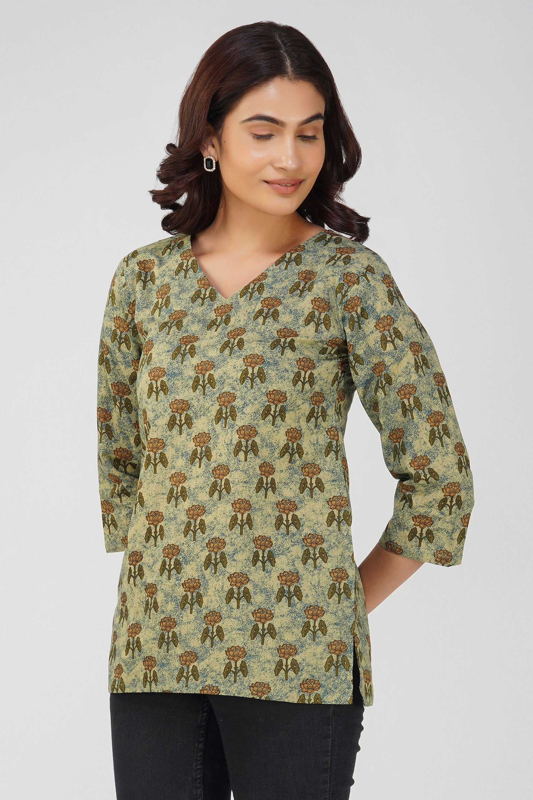 Green Printed V-Neck Cotton Top