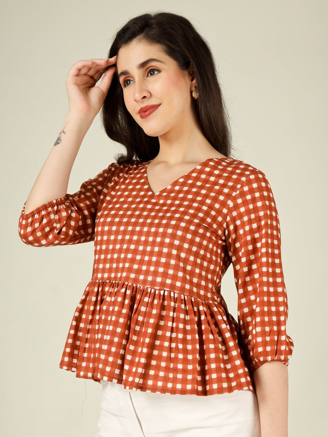 Brown Checked Cotton Peplum Top