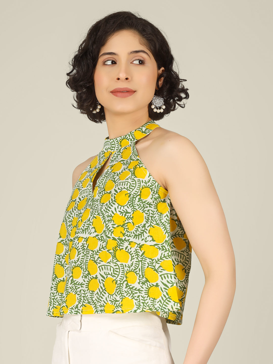 White Printed Halter Neck Sleeveless Cotton Top