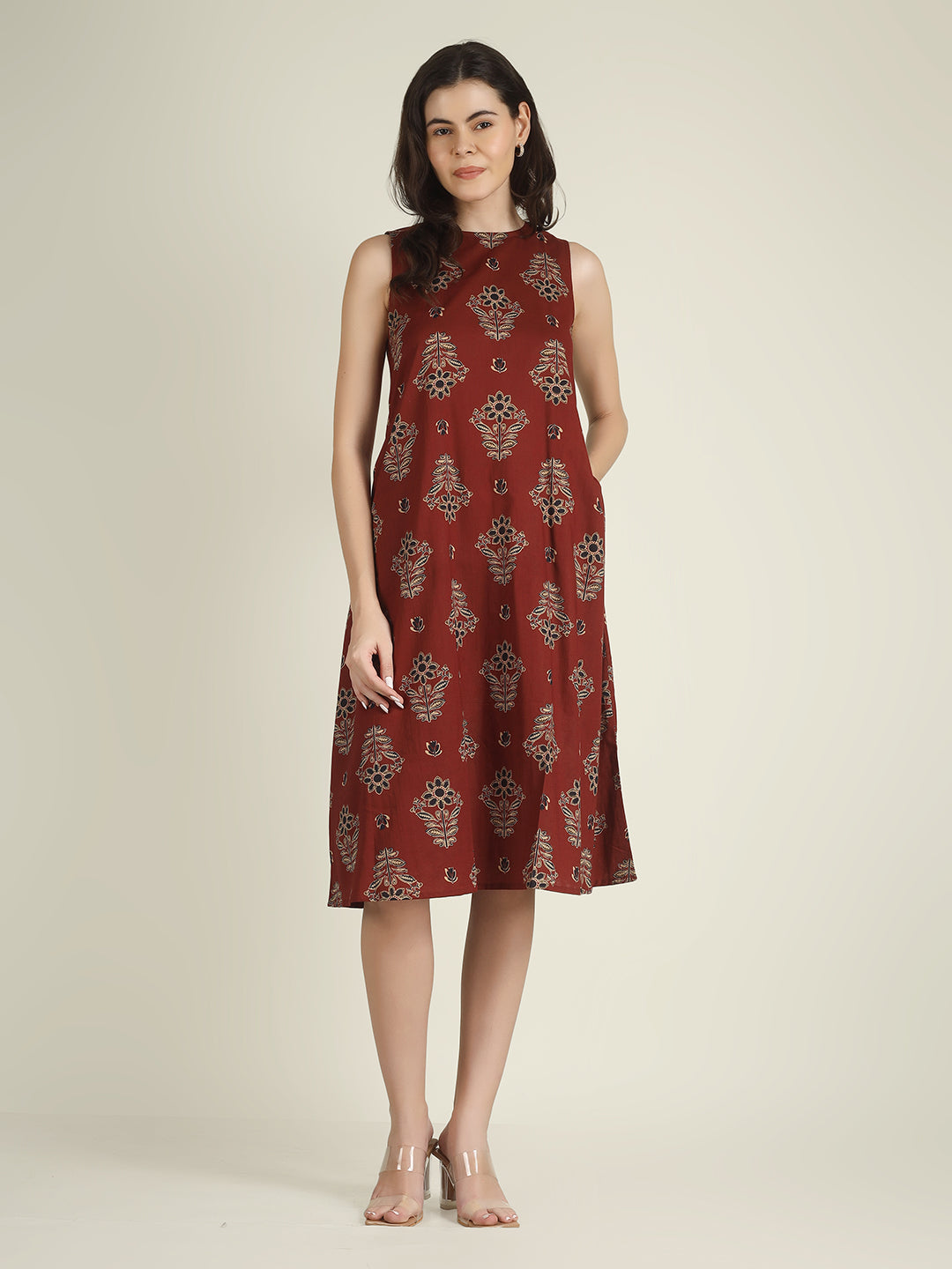 Maroon Printed Sleeveless A-Line Cotton Dress