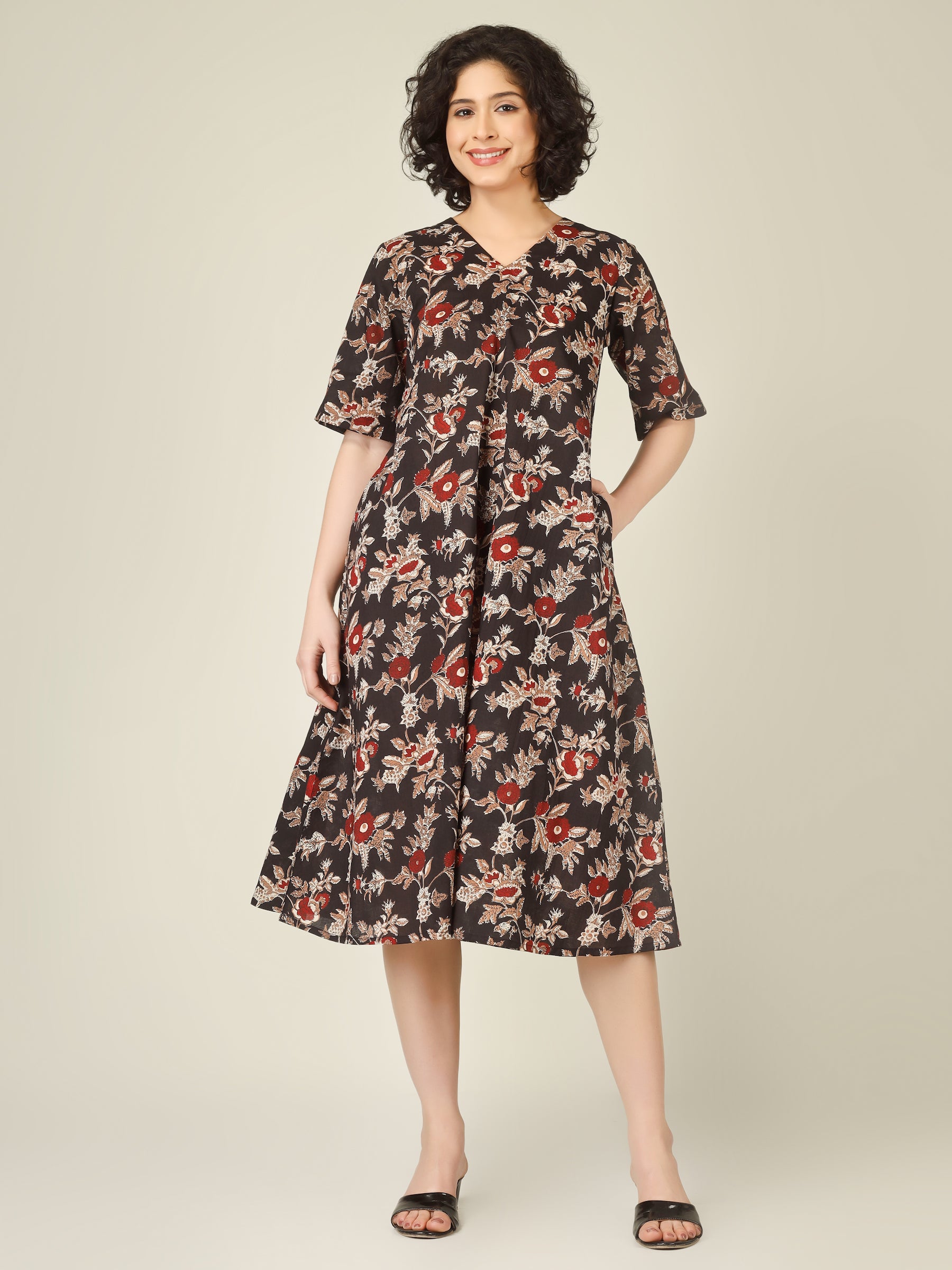 Black Printed Half-Sleeve A-Line Cotton Dress