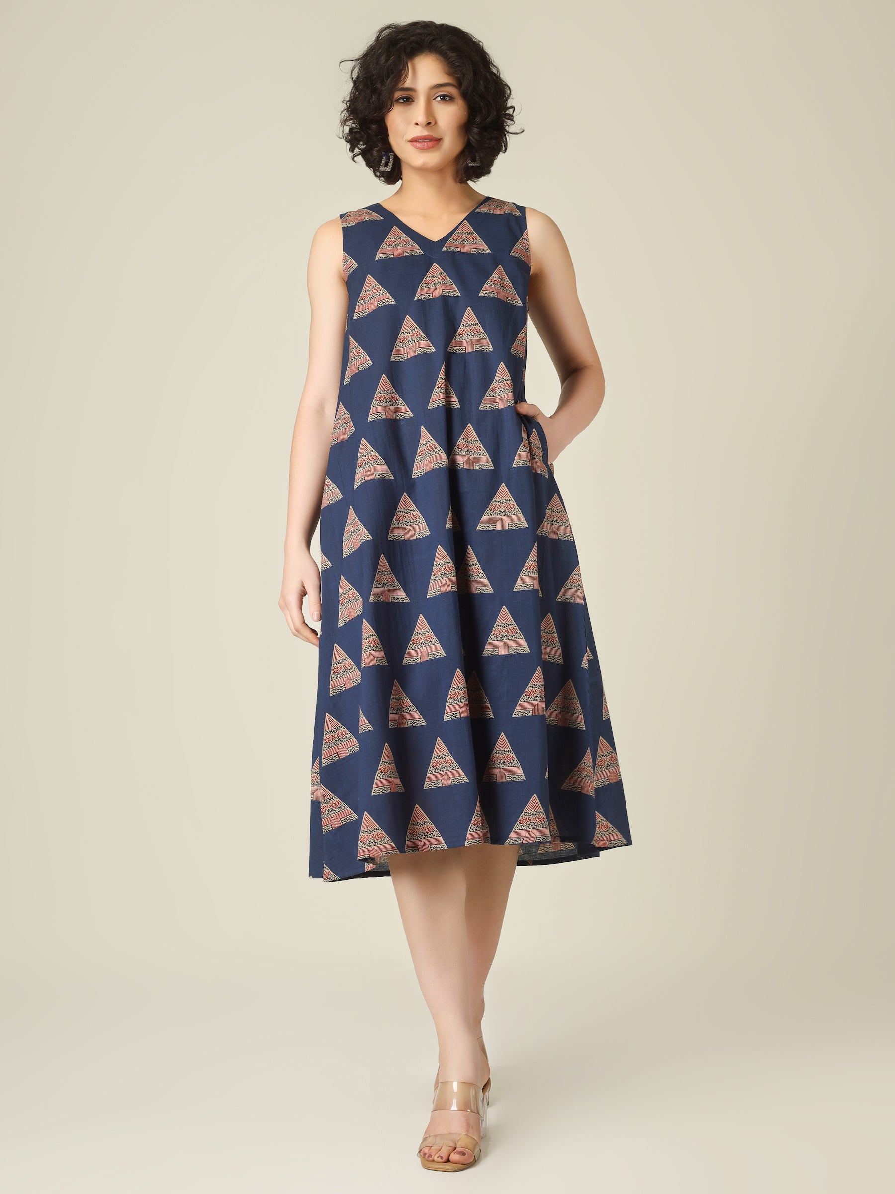 Blue Printed V-Neck Sleeveless A-Line Cotton Dress